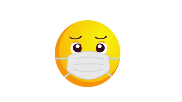 Animace pláče, nešťastné žluté emoji v ochranné lékařské masce izolované na bílém pozadí. Koncepce ochrany proti propuknutí koronaviru. Alpha kanál. — Stock video