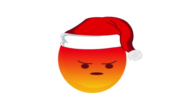 Animation eines bösen roten Emojis in Weihnachtsmann Weihnachtsmütze isoliert auf weißem Hintergrund. Negative Emotionen. Winterurlaub Emoticon. Alpha-Kanal. — Stockvideo