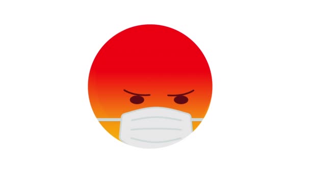 Animasi dari emoji merah jahat dalam topeng medis pelindung terisolasi pada latar belakang putih. Konsep perlindungan wabah Coronavirus. Saluran alfa. — Stok Video