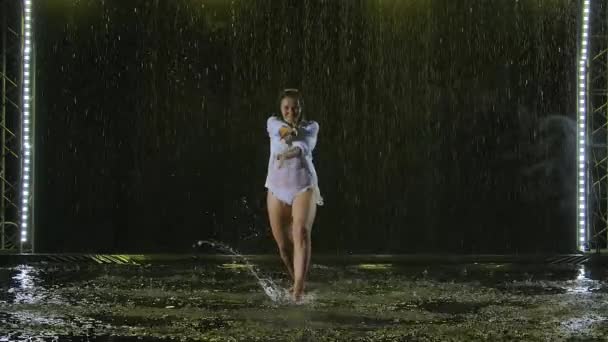 濡れたブルネットは美しいスタジオライトと煙を背景に雨の中でダンスの要素を示しています。情熱的なラテンアメリカのダンススローモーションで. — ストック動画