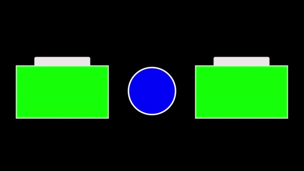 Titre de fin d'animation pas de texte avec un bouton de rappel bleu s'abonner et deux modèles pour la vidéo sur un fond noir. Clé chromatique à écran vert. Canal alpha. — Video