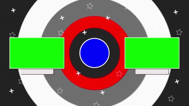 Título final de la animación sin texto con un botón de recordatorio azul suscribirse y dos plantillas de vídeo sobre un fondo geométrico original. Tecla croma pantalla verde. — Vídeo de stock