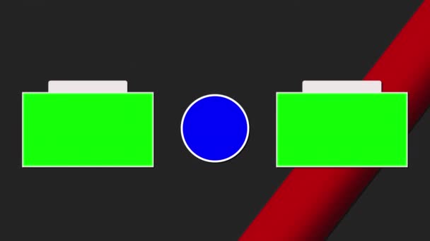 Título final de la animación sin texto con un botón de recordatorio azul suscribirse y dos plantillas de vídeo sobre un fondo geométrico de óvalos en movimiento. Tecla croma pantalla verde. — Vídeos de Stock