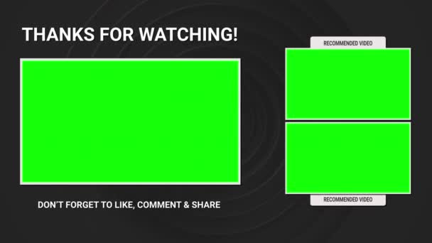 Animation end title no text with three templates for video on a original geometric background. "Thanks for watching" and reminder for likes, comments and share. Green screen chroma key. — Stock Video
