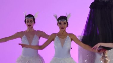 Siyah beyaz etekli bir grup kibar balerin stüdyoda dans ediyor. Genç kadınlar pembe arka planda tiyatro gösterisi yapıyorlar. Kapatın. Yavaş çekim.