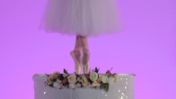 Ballerina in a white tutu and pointe is dancing on tiptoes. Female slender legs close up dancing on a pink studio background. Festive theatrical dance show. Slow motion. — Stock Video