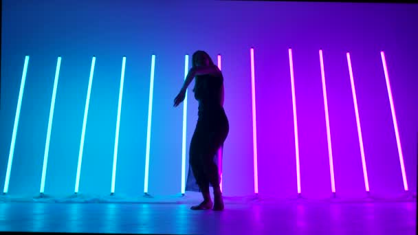 Die charmante Schauspielerin tanzt vor dem Hintergrund blauer und pinkfarbener Neonröhren einen zarten sinnlichen Wettstreit. Eine gekonnte junge Tänzerin führt eine Kette moderner Tanzbewegungen in Zeitlupe vor. Silhouette. — Stockvideo