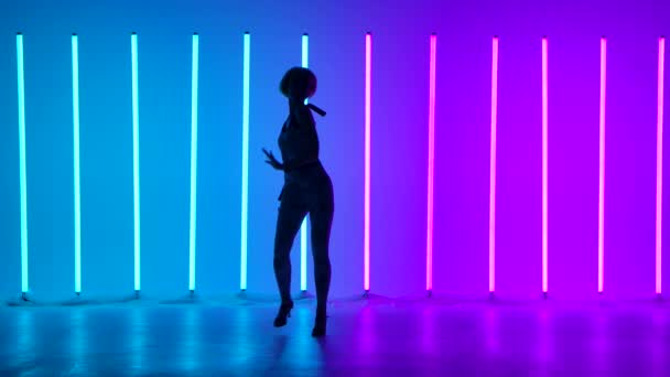 Silueta mladé stylové dívky tančící na pozadí pestrobarevných neonových trubic. Tanečnice provádí moderní pohyby. Design plakátu Music DJ. — Stock video
