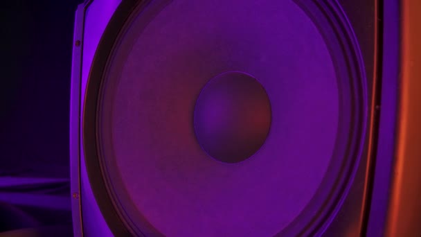 Bas ljudhögtalare under festen med färgglada ljus. Högtalare spelar och membran vibrerar till rytmen elektronisk musik. Närbild. Långsamma rörelser. — Stockvideo