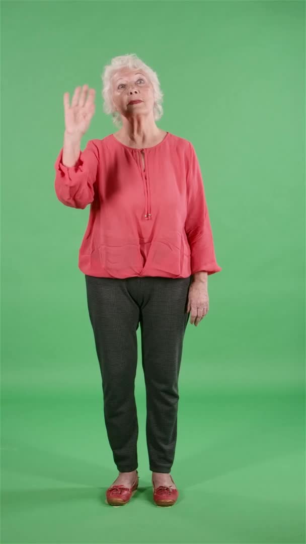초상화를 그리는 할머니가 손을 흔들면서 몸짓을 하고 있습니다. 회색 머리의 할머니는 스튜디오 녹색 화면에 빨간 블라우스를 입고 있습니다. 느린 동작. 수직 영상. — 비디오
