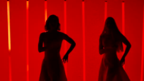 Dos elegantes mujeres jóvenes practican los elementos de la danza de la salsa en un estudio oscuro sobre un fondo de luces de neón naranja de color rojo brillante. Siluetas. En cámara lenta. De cerca.. — Vídeo de stock