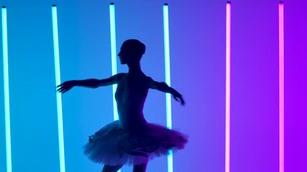 Silhouet van jonge flexibele ballerina in witte ballettutu en puntschoenen. Gracieuze dans van klassieke ballet elementen tegen de achtergrond van heldere neon lichten in donkere studio. Langzame beweging. Sluiten. — Stockvideo