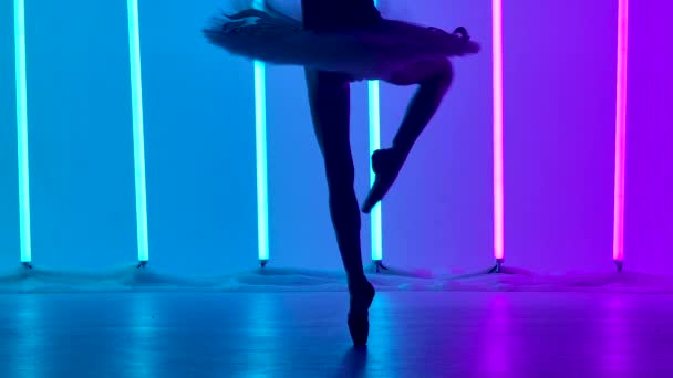 优雅勤劳的芭蕾舞演员在明亮的霓虹灯背景下，穿着白色衣服和尖尖的鞋子，跳着古典芭蕾舞。剪影。脚尖上的舞者细长的腿靠得很近.慢动作. — 图库视频影像