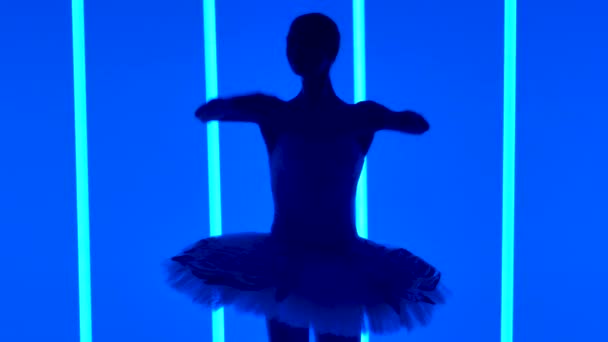 Flexibilní mladá baletka nacvičuje roli bílé labutě provedením klasických kroků. Na pozadí jasných neonových světel se rýsovala silueta štíhlé tanečnice. Zavřít. Zpomalený pohyb — Stock video