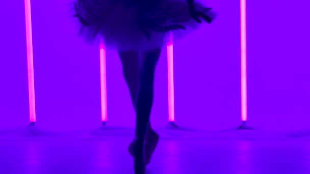 Coreografía clásica de ballet. La joven bailarina realiza pasos de baile y salta en un estudio oscuro sobre un fondo de brillantes luces de neón. Silueta. Pies en zapatos puntiagudos de cerca. Movimiento lento. — Vídeos de Stock