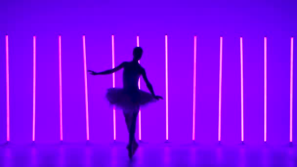 Klassisk balettkoreografi framförd av en ung vacker graciös ballerina i en vit tutu. Silhuett av smal figur mot bakgrund av ljusa neonljus i en mörk studio. Långsamma rörelser — Stockvideo