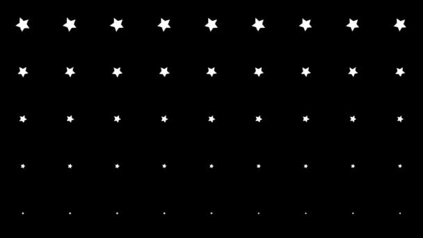 Dynamisk sammansättning med vita stjärnor skalning på svart bakgrund. Vintage mönster animation. — Stockvideo