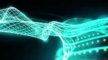 Soyut mavi dalga hareketi siyah arkaplanda parlayan odaklanmış parçacıklar ile noktalar dokusu sallıyor.