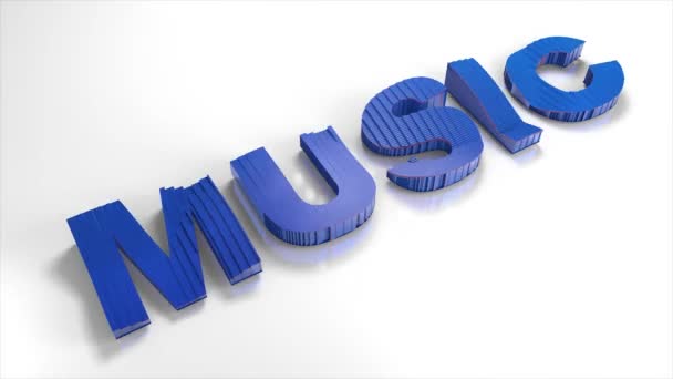 Animation blauer Schriftzug Wort Musik auf weißem Hintergrund mit beweglichem Effekt, 3D. — Stockvideo