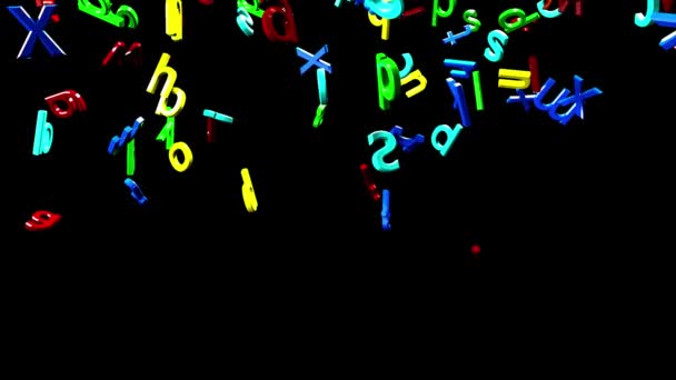 Molte lettere multicolori cadono su uno sfondo nero. Isolamento. Lettere di alfabeto inglese in volo — Video Stock