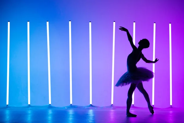 Porträtt av en ung ballerina på tåskor i en vit tutu mot bakgrund av ljusa neonljus. En ung graciös balettdansare i graciös pose. Silhuett. Affisch för balettskolan. — Stockfoto