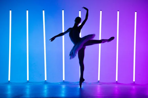 Portret van een jonge ballerina op puntschoenen in een witte tutu tegen de achtergrond van fel neonlicht. Een jonge sierlijke balletdanser in sierlijke pose. Silhouet. poster van de balletschool. — Stockfoto