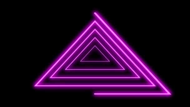 Forma de triângulos de linhas de néon desenhando com rotação completa pronta para loop. Roxo colorido linhas brilhantes no fundo preto. — Vídeo de Stock