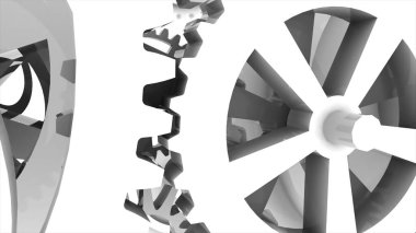 Metalik dişliler gri arkaplanda. Dekoratif çerçeve. Soyut, pürüzsüz gri yüzey. 3 boyutlu görüntüleme. Kapat.