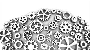 Metalik dişliler gri arkaplanda. Dekoratif çerçeve. Soyut, pürüzsüz gri yüzey. 3 boyutlu görüntüleme. Kapat.