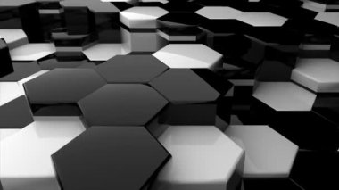 Soyut altıgen parlak beyaz ve siyah geometrik yüzey döngüsü, rastgele hareket arka grup