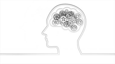 Beyaz arka planda minimum hareket tasarım animasyonu. Beyin yeni fikirler yaratıyor, dişli kavramı, dönen dişli animasyonu