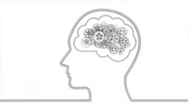 Beyin fırtınası. Beyin yeni fikirler yaratıyor, dişli kavramı, beyaz arka planda dönen çarklar. Alfa kanalı