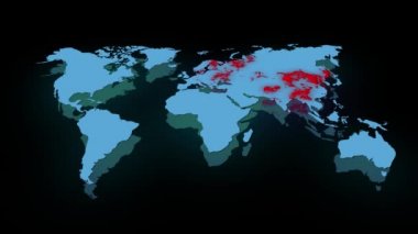 COVID-19 koronavirüs küresel salgın haritası. Wuhan 'dan yayılan istatistikler. Dünya çapında gelecek tehlikesi. 3B canlandırma canlandırması