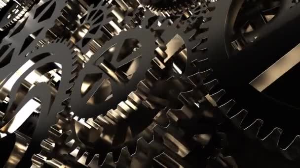 Mécanisme d'engrenage en métal tourne sur un fond noir, animation 3D. Gros plan. — Video
