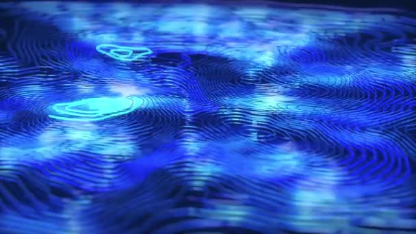 Kék színű deformált hullámos vezetékek mozgást izzó elemekkel. Mélységi mező. 3D render hurok animáció. — Stock videók