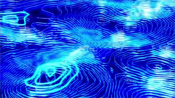 Alambres ondulados deformados de color azul con elementos brillantes en movimiento. La profundidad del campo. Animación de bucle de renderizado 3D. — Vídeos de Stock