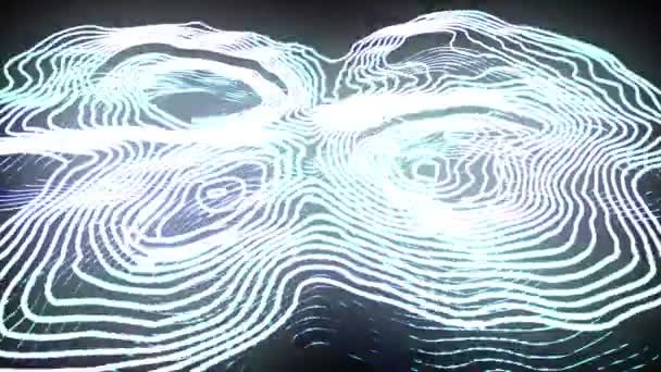 Alambres ondulados deformados blancos con elementos brillantes de movimiento en el fondo negro. La profundidad del campo. Animación de bucle de renderizado 3D. — Vídeo de stock