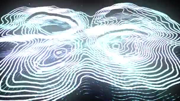 Λευκά παραμορφωμένα κυματιστά σύρματα με φωσφορίζοντα στοιχεία κίνησης και φωτεινά σωματίδια σε μαύρο φόντο. Βάθος πεδίου. 3D καθιστούν βρόχο animation. — Αρχείο Βίντεο