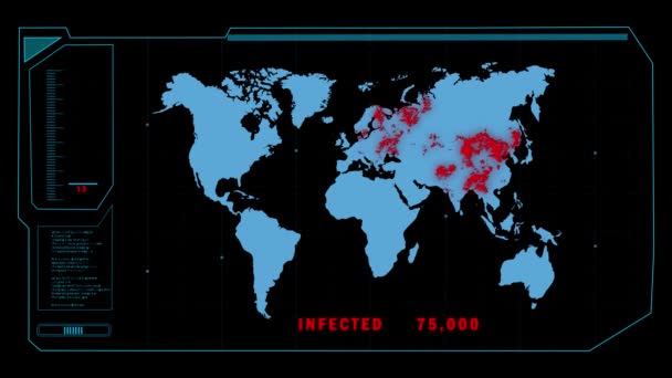 COVID-19 Coronavirus Globale Pandemiekarte mit futuristischem digitalen Interface-Bildschirm. Künftige Gefahr weltweit. — Stockvideo