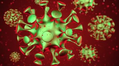 Coronavirus animasyon 3D görüntü. Kırmızı arkaplandaki altın küreleri rastgele hareket ettiren dokular. Alfa kanalı