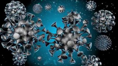 Coronavirus animasyonu 3 boyutlu. Mavi yavaş hareket eden parçacıklarla rastgele hareket eden virüs küreleri şeklinde doku. Alfa kanalı