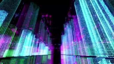 Kusursuz renk döngüsü soyut hologram üç boyutlu dijital gece kenti fütüristik matrisi. İkili kod parçacıkları ağına sahip animasyon binaları.