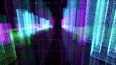 Kusursuz renk döngüsü soyut hologram üç boyutlu dijital gece kenti fütüristik matrisi. İkili kod parçacıkları ağına sahip animasyon binaları.
