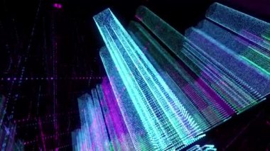 Kusursuz renk döngüsü soyut hologram üç boyutlu dijital gece kenti fütüristik matrisi. İkili kod parçacıkları ağına sahip animasyon binaları.