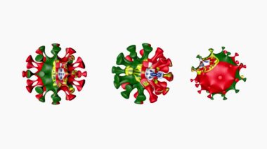Portekiz Cumhuriyeti 'nin 3D animasyon Coronavirus 2019-nCoV' u. Beyaz arka planda, virüs küreleri içindeki Portekiz bayrağı covid19. Alfa kanalı