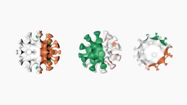 3D animasyon Coronavirus 2019-nCoV İrlanda. Beyaz arka planda, virüs küresi içindeki İrlanda bayrağı covid19. Alfa kanalı