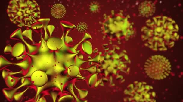 Coronavirus animáció 3D felvételek. Textúra formájában véletlenszerűen mozgó arany gömbök vírusok piros háttér. Alfa-csatorna — Stock videók