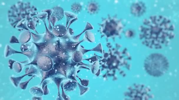 Coronavirus animatie 3D. Textuur in de vorm van willekeurig bewegende virusbollen met deeltjes in blauwe langzame beweging. Alfa kanaal — Stockvideo