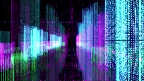 Απρόσκοπτη έγχρωμη βρόχο αφηρημένο ολόγραμμα 3D ψηφιακή νυχτερινή πόλη απόδοση με φουτουριστικό πίνακα. Κτίρια κίνησης με δυαδικό δίκτυο σωματιδίων κώδικα. — Αρχείο Βίντεο
