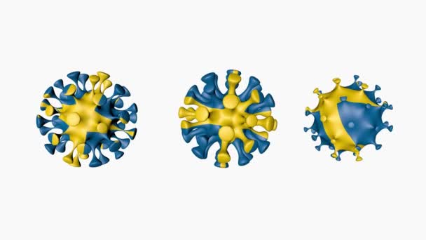 Animação 3D Coronavirus 2019-nCoV da Suécia. Bandeira sueca em esferas de bola de vírus covid19, sobre fundo branco. Canal Alfa — Vídeo de Stock